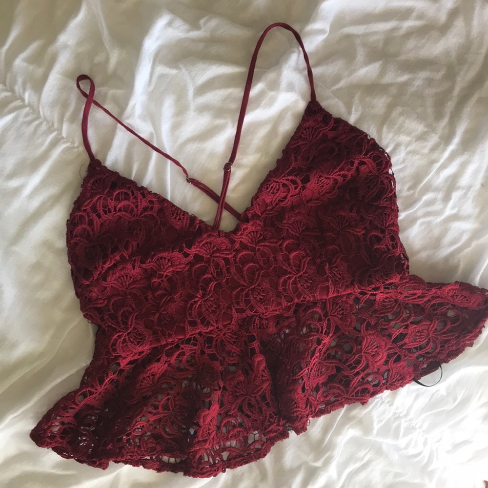 Red Lace Floral Crop Top Size M